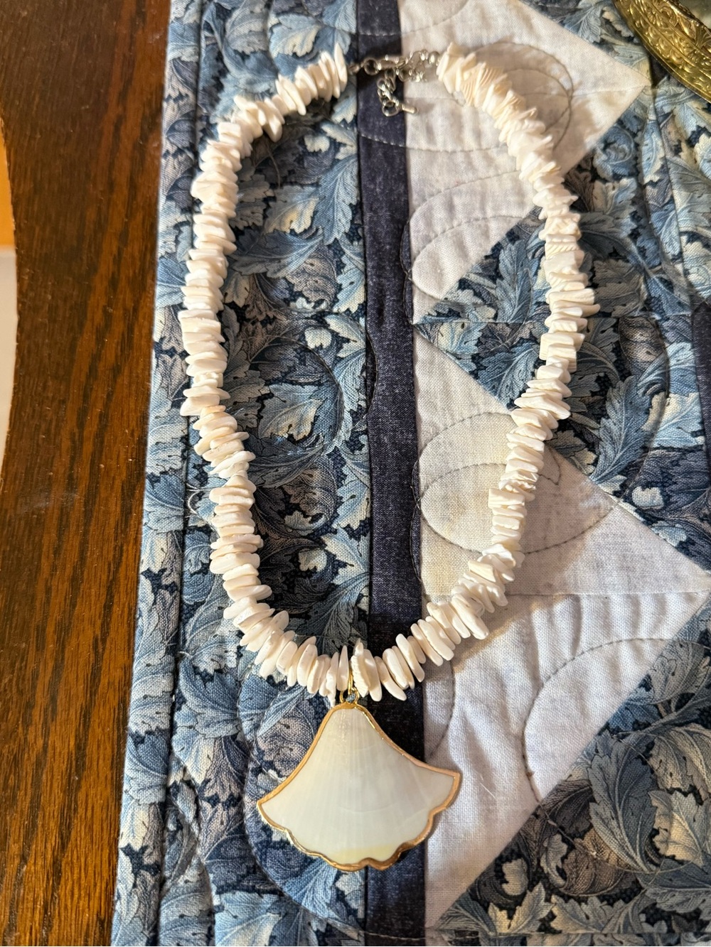 Shell Chip Necklace with White Fan Pendant -